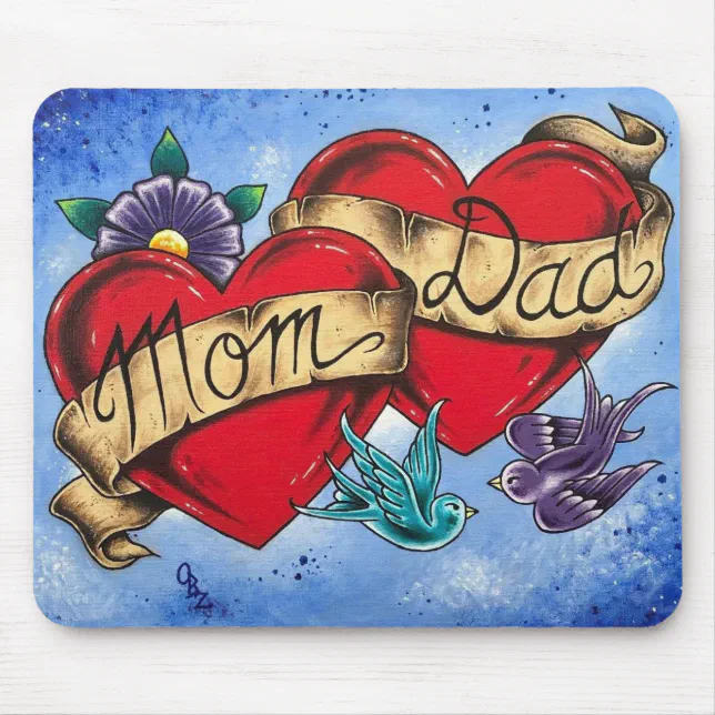 “Mom and Dad” Hearts with Ribbon Art Mouse Pad | Zazzle