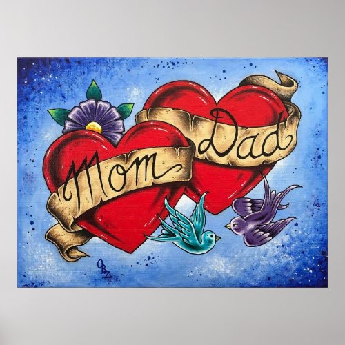 Mom and Dad Hearts with Ribbon Art Poster Print