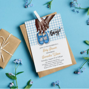Mom and Dad Holding Blue Shoes Baby Shower Invitation