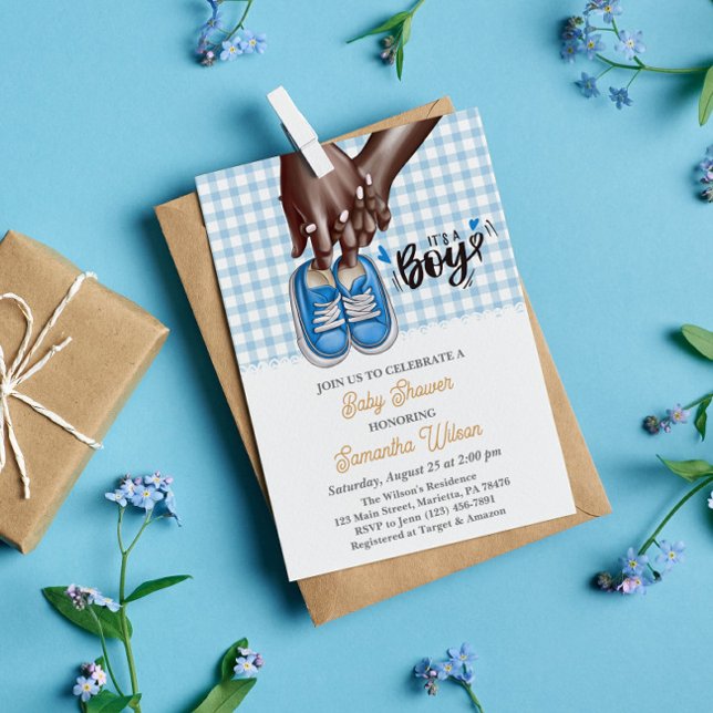 Mom and Dad Holding Blue Shoes Baby Shower Invitation (Creator Uploaded)