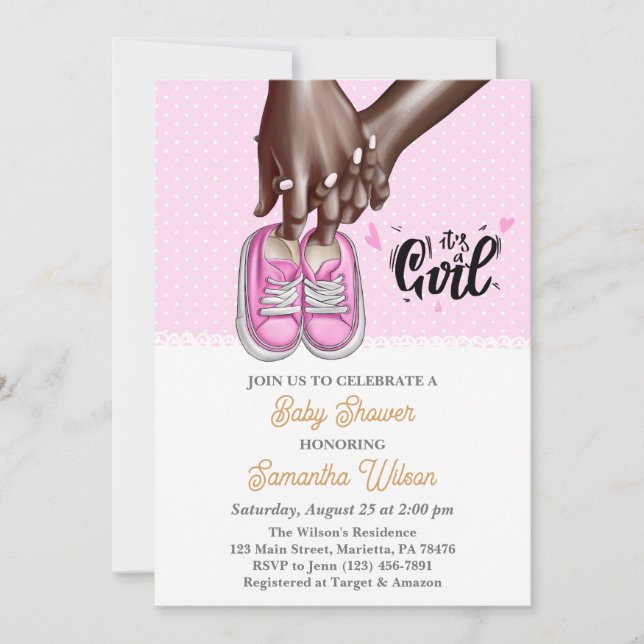 Mom and Dad Holding Pink Girl Shoes Baby Shower Invitation (Front)