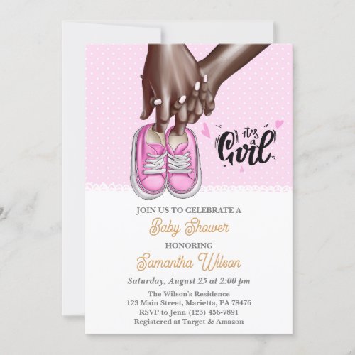 Mom and Dad Holding Pink Girl Shoes Baby Shower Invitation