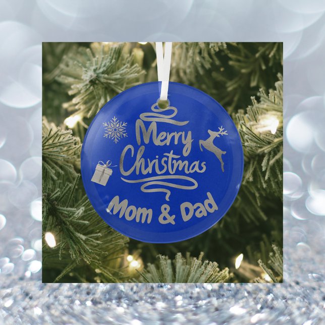Mom and Dad Merry Christmas Silver on Blue | Glass Ornament (Creator Uploaded)