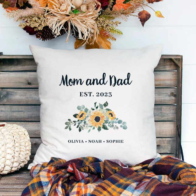 Mom and Dad | Rustic Sunflower and Names Throw Pillow (A pretty, rustic pillow keepsake for your mom and dad)