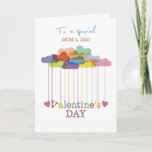 Mom and Dad Valentine Rainbow Clouds and Hearts Holiday Card
