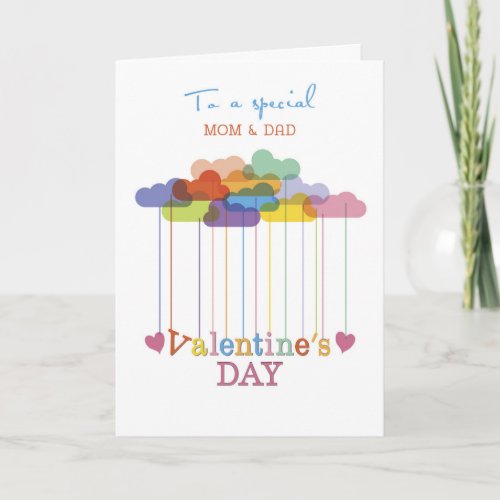 Mom and Dad Valentine Rainbow Clouds and Hearts Holiday Card