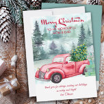 Mom and Dad Vintage Red Truck and Christmas Tree Holiday Card<br><div class="desc">Merry Christmas Mom and Dad personalized holiday card with traditional watercolor design with vintage red truck and christmas tree,  set in a misty forest. Merry Christmas is lettered in festive calligraphy and the template is ready for you to personalize the rest of the wording as you wish.</div>