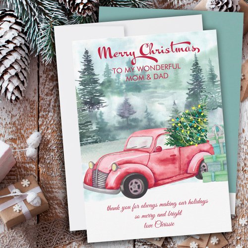 Mom and Dad Vintage Red Truck and Christmas Tree Holiday Card