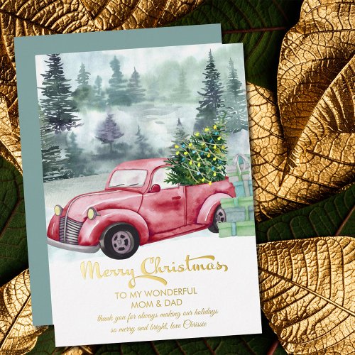 Mom and Dad Vintage Red Truck Christmas Tree Gold  Foil Holiday Card