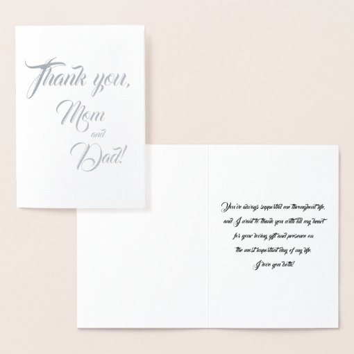 Mom and Dad Wedding Thank You Silver Foil Card | Zazzle