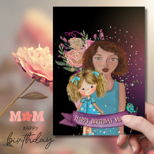 Mom and Daughter Illustration floral Birthday Card