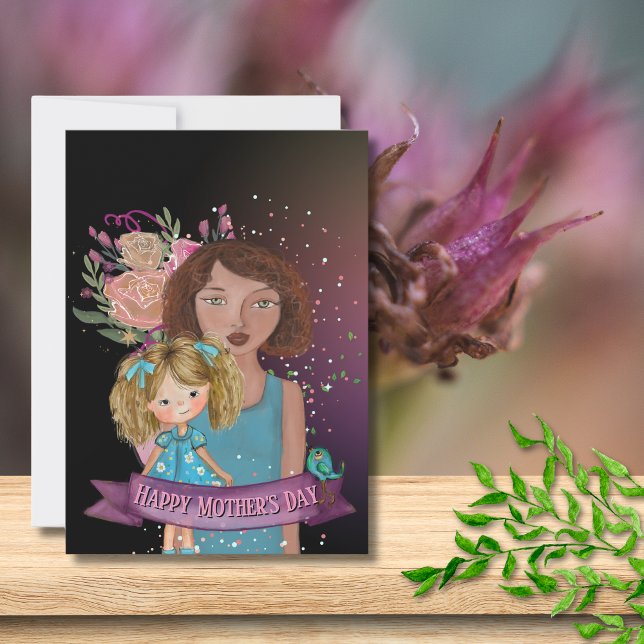 Mom and Daughter Illustration with Flowers Holiday Card (Mom and Daughter Illustration with Flowers Holiday Card)