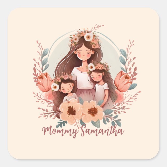 Mom and Daughters with Floral Background Square Sticker (Front)
