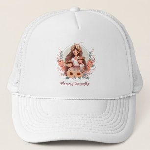 Mom and Daughters with Floral Background Trucker Hat