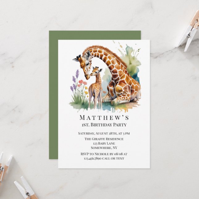 Mom and Me Watercolor Giraffe 1st. Birthday Party  Invitation (Front/Back In Situ)