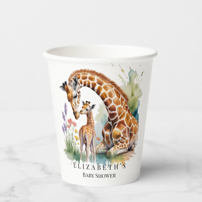 Mom and Me Watercolor Giraffe Baby Shower Paper Cups (Front)