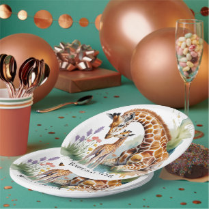 Mom and Me Watercolor Giraffe Baby Shower Paper Plates
