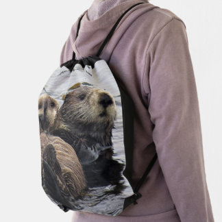 Mom and Pup Sea Otter  Drawstring Bag