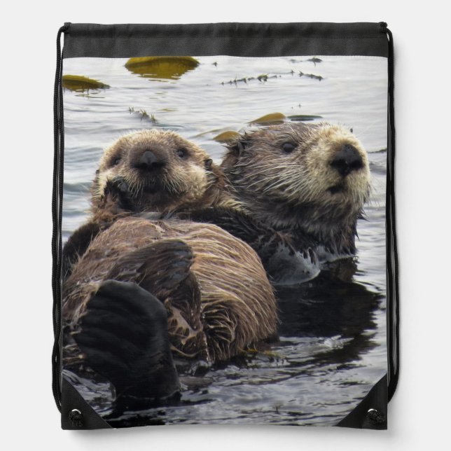 Mom and Pup Sea Otter  Drawstring Bag (Front)