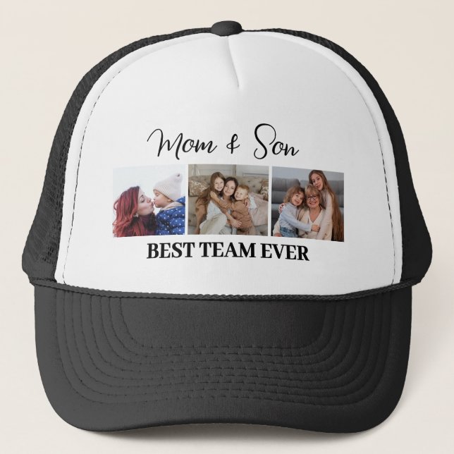 Mom and Son Best Team Ever Custom 3 Photos Trucker Hat (Front)