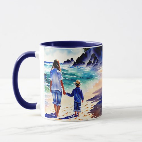 Mom and Son Walking at the Beach Mug