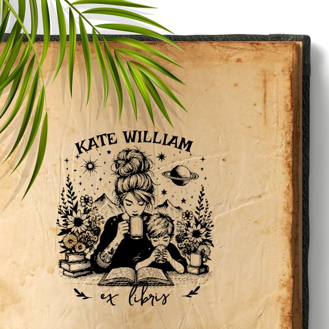 Mom and son with book Custom ex libris Self-inking Stamp (Creator Uploaded)