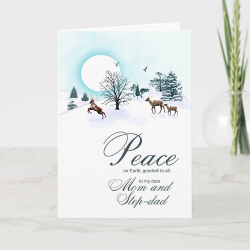 Mom and step_dad Christmas scene with reindeer Holiday Card