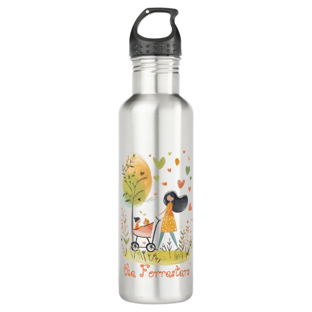 Mom and Twins on Stroller Stainless Steel Water Bottle (Front)