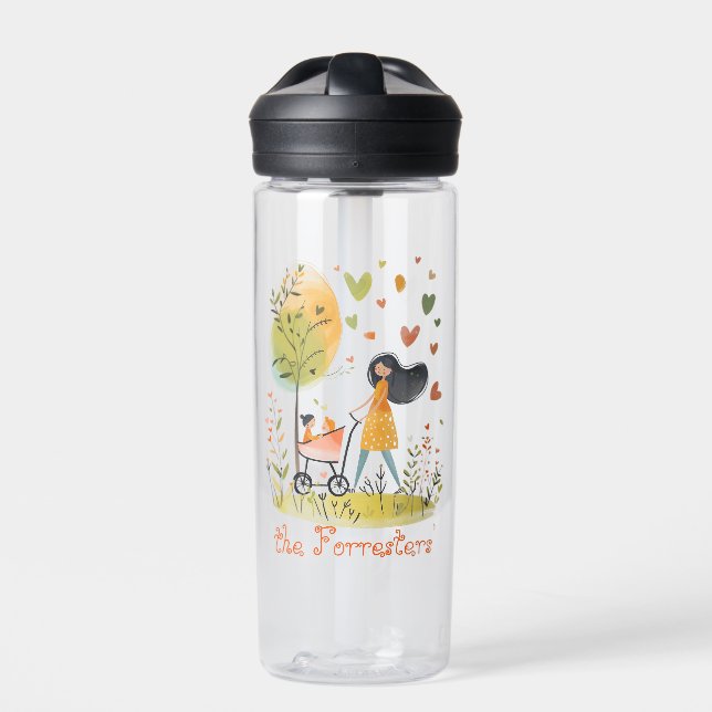 Mom and Twins on Stroller Water Bottle (Front)