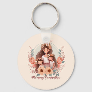 Mom and Two Daughters in Floral Frame Keychain