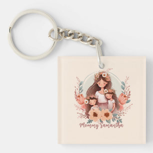 Mom and Two Daughters in Floral Frame Keychain