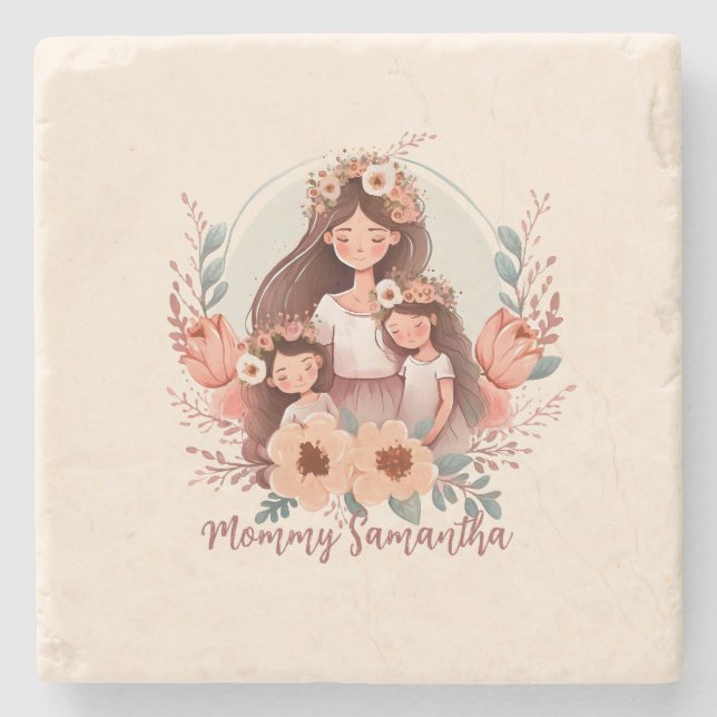 Mom and Two Daughters in Floral Frame Stone Coaster (Front)
