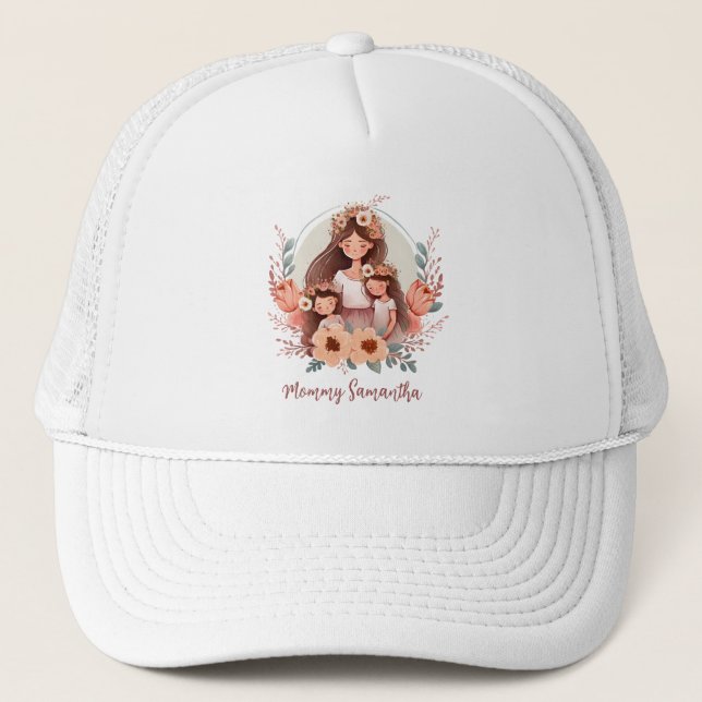 Mom and Two Daughters in Floral Frame Trucker Hat (Front)