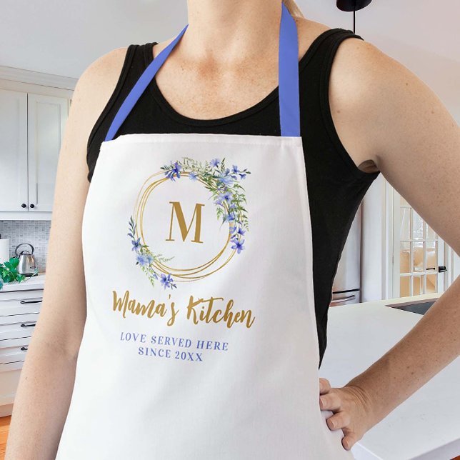 Mom Apron Blue Meadow Wildflowers Gold Monogram (mom apron blue gold personalized christmas gift wildflowers wreath elegant pretty cute chic cooking )