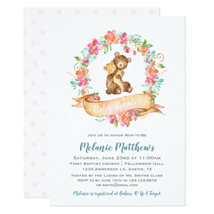 Mom Baby Bear Watercolor Floral Wreath Baby Shower Invitation