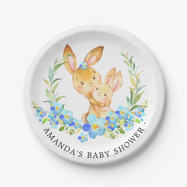 Mom & Baby Bunny Boys Baby Shower 7" Plate (Front)