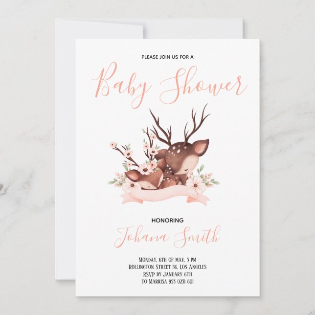 Mom Baby Deer Pink Baby Shower Invitation (Front)