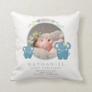 Mom & Baby Elephant Blue Photo Baby Stats Throw Pillow