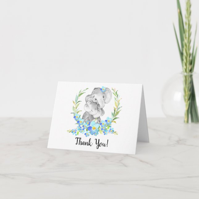 Mom & Baby Elephant Boys Shower Thank You Note Card (Front)