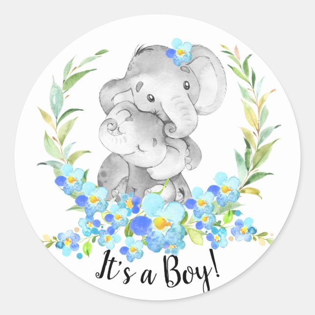 Mom & Baby Elephant It' a BOY Favor Sticker (Front)