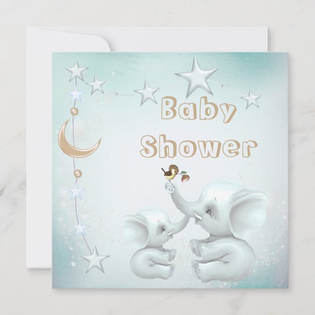 Mom & Baby Elephant, Moon & Stars Baby Shower Invitation (Front)