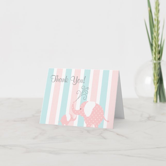 Mom & Baby Elephant Thank You Card- Pink & Aqua (Front)