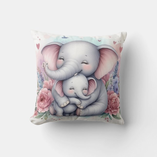 Mom & Baby Elephant Throw Pillow (Front)