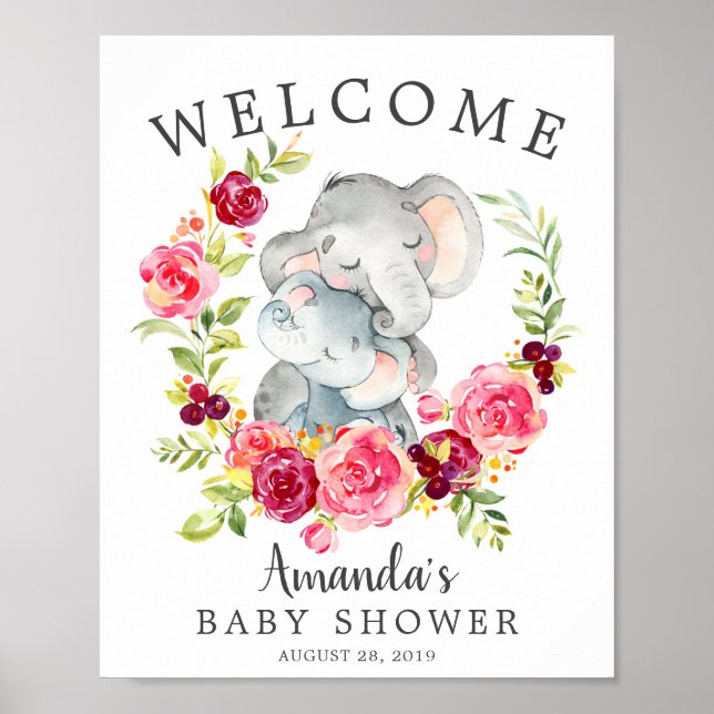 Mom & Baby Elephant Welcome Baby Shower Poster (Front)
