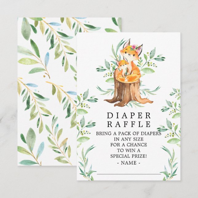 Mom & Baby Fox Baby Shower Diaper Raffle Ticket Enclosure Card (Front/Back)