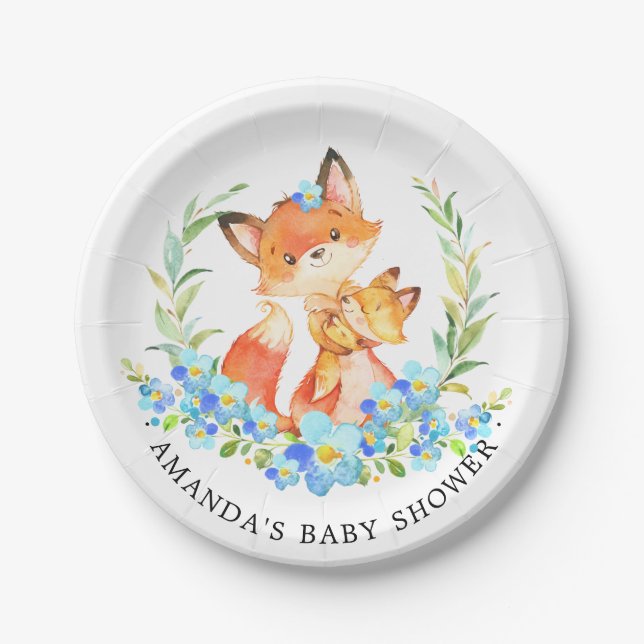 Mom & Baby Fox Boys Baby Shower 7" Plate (Front)