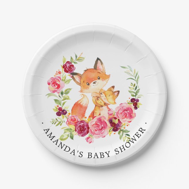 Mom & Baby Fox Girls Baby Shower 7" Plate (Front)