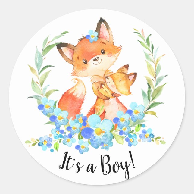 Mom & Baby Fox It' a BOY Favor Sticker (Front)