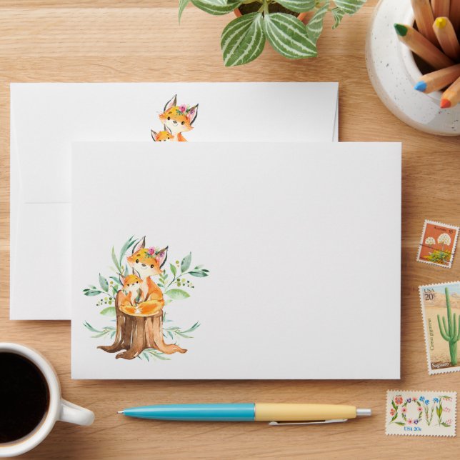 Mom & Baby Fox Neutral  Baby Shower Envelope (Desk)