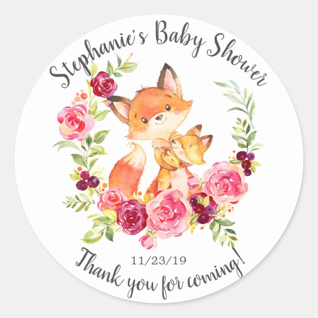 Mom & Baby Fox Shower Favor Sticker (Front)